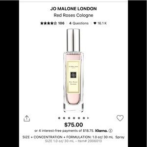 Jo Malone London Red Roses Cologne-1.0 oz/ 30 mL Spray (used)